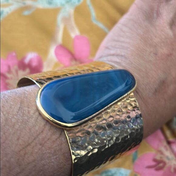 Gold Hammered Cuff Bracelet with Blue Stone - Picture 1 of 3